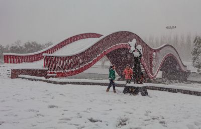 《红桥映白雪，童趣赴寒冬》
